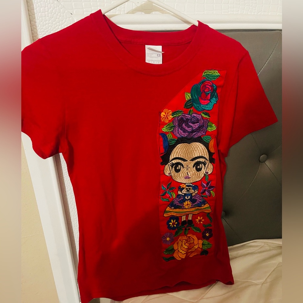 Red Graphic T-Shirt with Colorful Embroidery - Picture 2 of 4